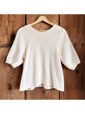 Sz M Madewell 100% Cotton Ottoman Jacquard Short Sleeve Top Vintage Parchment